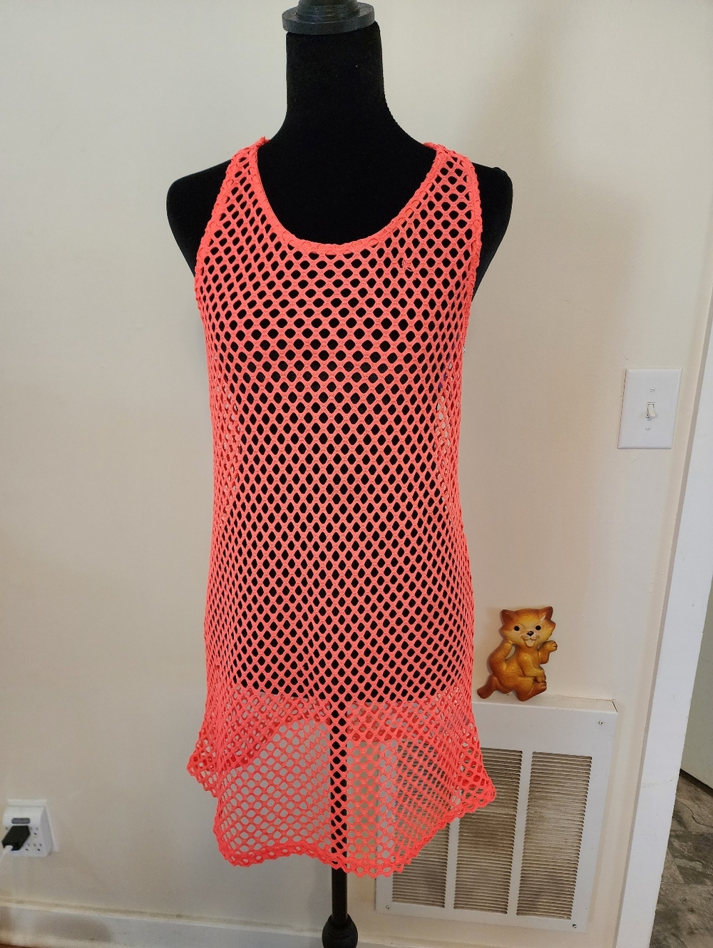 neon orange coral pinkish  fishnet mesh beach cover-up dress netted